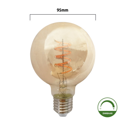 Voordeelpak, 5 stuks, LED Filament Globe lamp amber - spiraal, 95mm, 4  Watt, Dimbaar, 2200K
